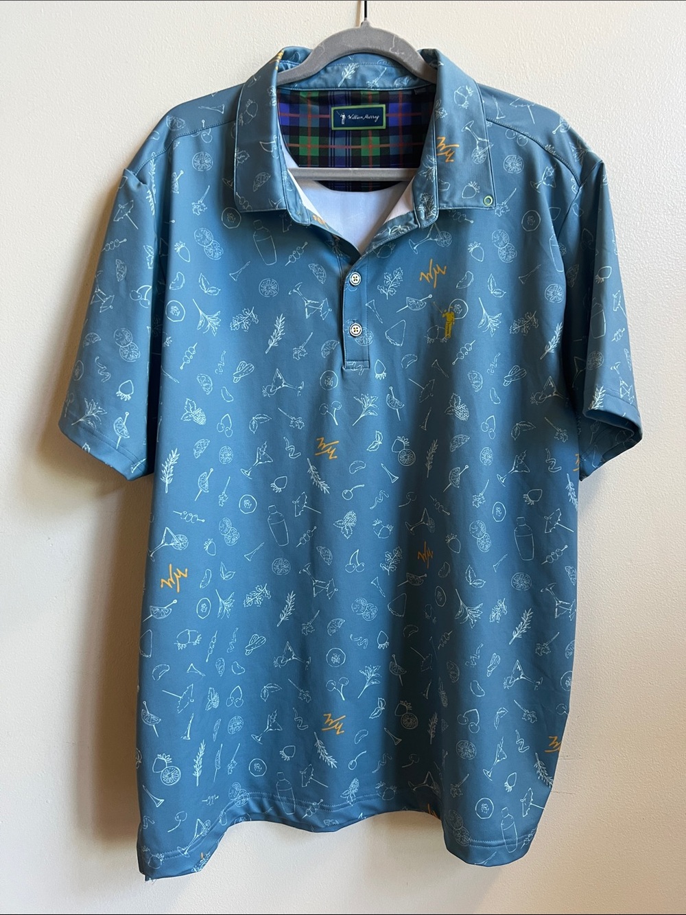 William Murray Golf cocktail Blue Patterned Polo with Yellow Accents